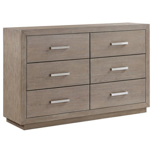 Enjoy the roomy storage and understated character of a modern six-drawer dresser. It-'s a fresh, understated design that showcases a wide top and recessed base that pair to deliver a timeless look. The dresser shows off wood grain details in a neutral bar
