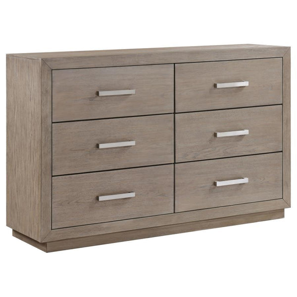 Enjoy the roomy storage and understated character of a modern six-drawer dresser. It-'s a fresh, understated design that showcases a wide top and recessed base that pair to deliver a timeless look. The dresser shows off wood grain details in a neutral bar