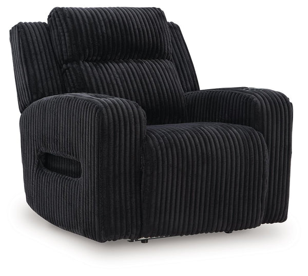 Trend-right style, meet irresistible modern function. Your living room gets a cozy-cool upgrade with this power recliner. Curl up in its ultra-chic corded upholstery and recline with one-touch controls. Is it movie night or game time? With ambient LED lig