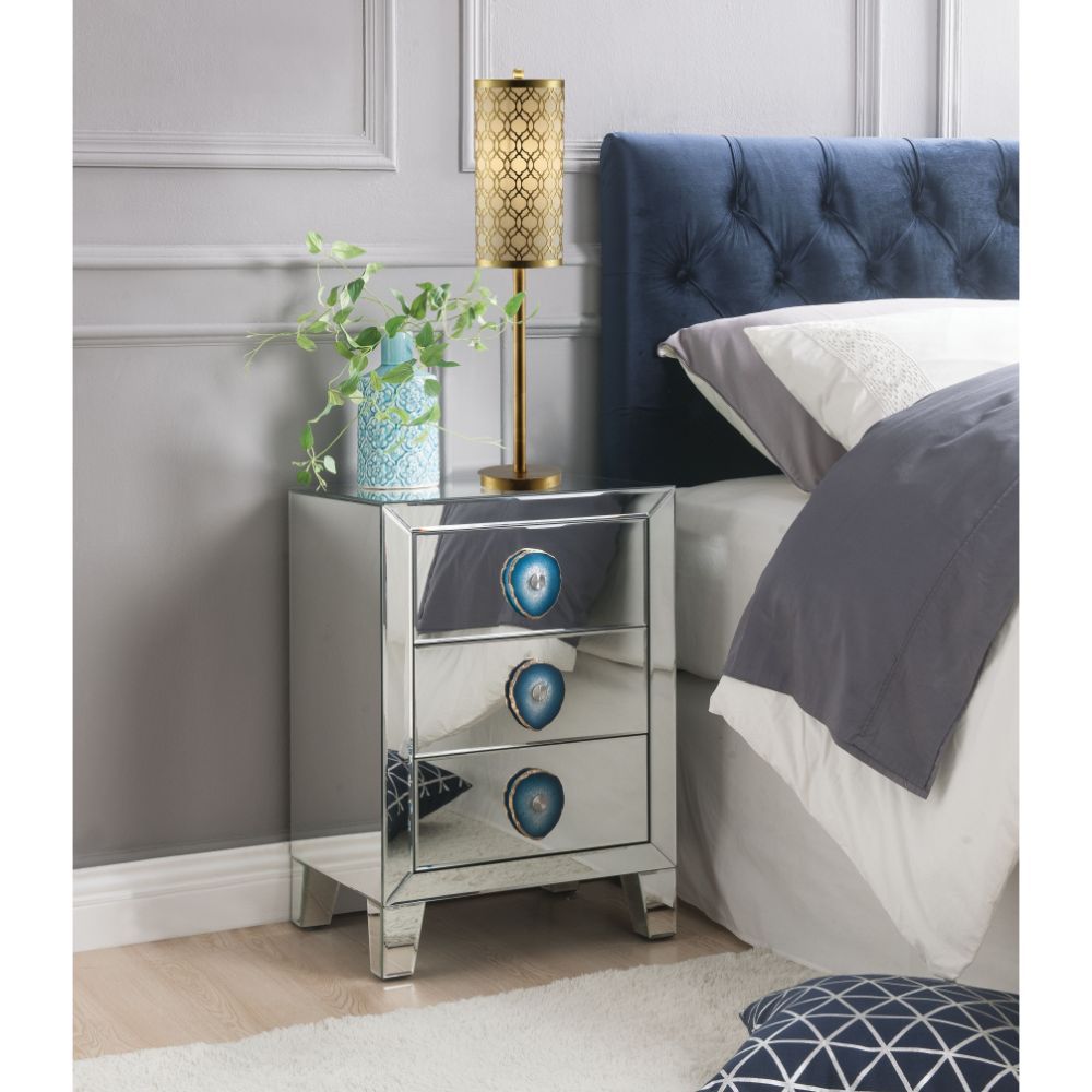 Assambled, Rectangular Night Table â€¢ Mirrored Finish: Beveled (Back Unfinished) â€¢ Orientation: Free Standing â€¢ Storage: 3 Drawers (Open Base) â€¢â€¢ CONSTRUCTION â€¢â€¢ Mirrored Case-Frame & Drw: Mirror, MDF (Fixed Top) â€¢ Mirrored Tapered Leg, Leg