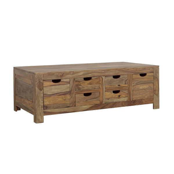 Dramatic wood grain accents lend classic character to this exquisite, wooden coffee table. This stunning piece is handcrafted with sheesham wood in a warm, light natural finish. A generous array of drawers provides ample storage space. The drawers are des