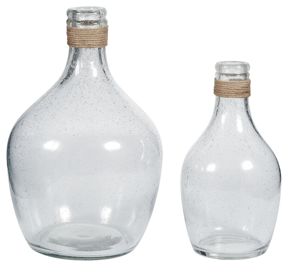 This 2-piece vase setâ€™s versatility is a stylistâ€™s dream. Light brown rope ties around the top of the bottleneck design. Seeded finish brings texture to the clear glass. Drop in faux cotton stems for a vintage or modern farmhouse look.<br><br><b>Addit