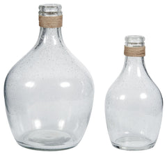 This 2-piece vase setâ€™s versatility is a stylistâ€™s dream. Light brown rope ties around the top of the bottleneck design. Seeded finish brings texture to the clear glass. Drop in faux cotton stems for a vintage or modern farmhouse look.<br><br><b>Addit