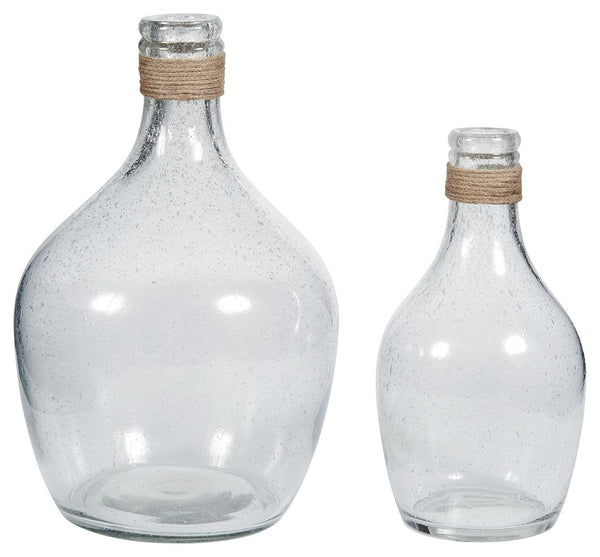 This 2-piece vase setâ€™s versatility is a stylistâ€™s dream. Light brown rope ties around the top of the bottleneck design. Seeded finish brings texture to the clear glass. Drop in faux cotton stems for a vintage or modern farmhouse look.<br><br><b>Addit