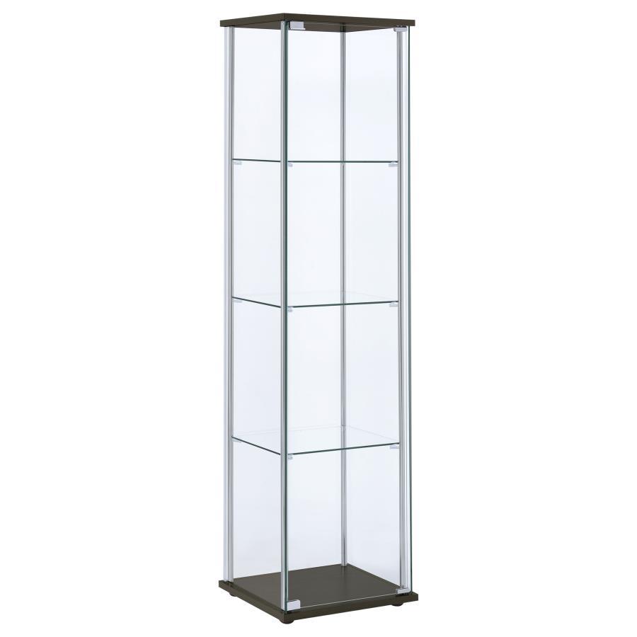 Go for a fresh new look with artistic influence. This curio cabinet turns design on its head with a new twist on tradition. Perfect for transitional spaces, its chrome support beams and cappuccino finish base and top nicely complement glass shelving and e