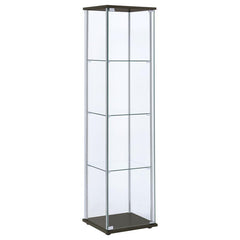 Go for a fresh new look with artistic influence. This curio cabinet turns design on its head with a new twist on tradition. Perfect for transitional spaces, its chrome support beams and cappuccino finish base and top nicely complement glass shelving and e