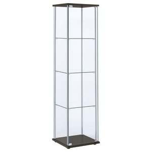Go for a fresh new look with artistic influence. This curio cabinet turns design on its head with a new twist on tradition. Perfect for transitional spaces, its chrome support beams and cappuccino finish base and top nicely complement glass shelving and e