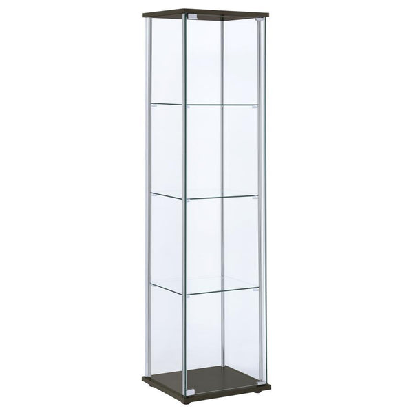 Go for a fresh new look with artistic influence. This curio cabinet turns design on its head with a new twist on tradition. Perfect for transitional spaces, its chrome support beams and cappuccino finish base and top nicely complement glass shelving and e