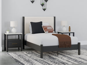  its fresh white fabric beautifully contrasts the matte black finish. The versatile design suits all-neutral spaces or blends w