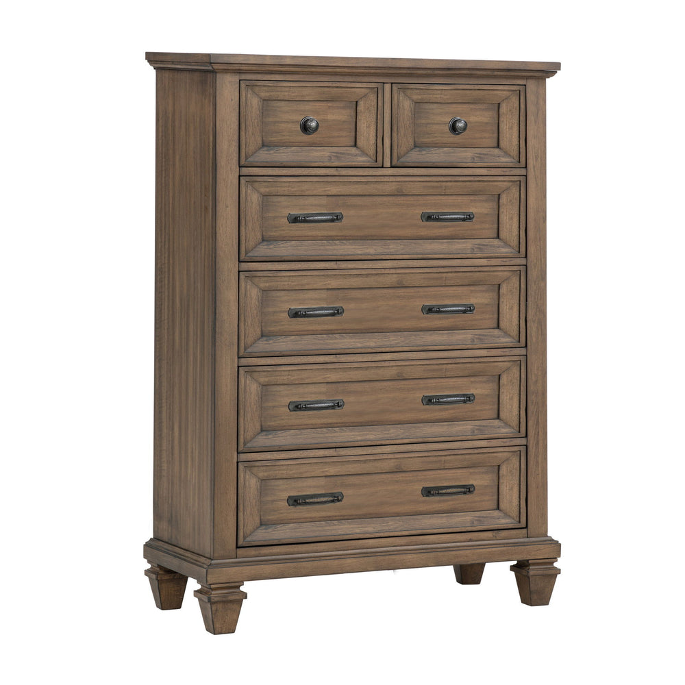 The Mariana 5-Drawer Chest is a remarkable combination of timeless craftsmanship and versatile design, making it a sophisticated addition to any bedroom. Crafted from solid Acacia wood and enhanced with Acacia veneers, this chest is finished with a rich, 