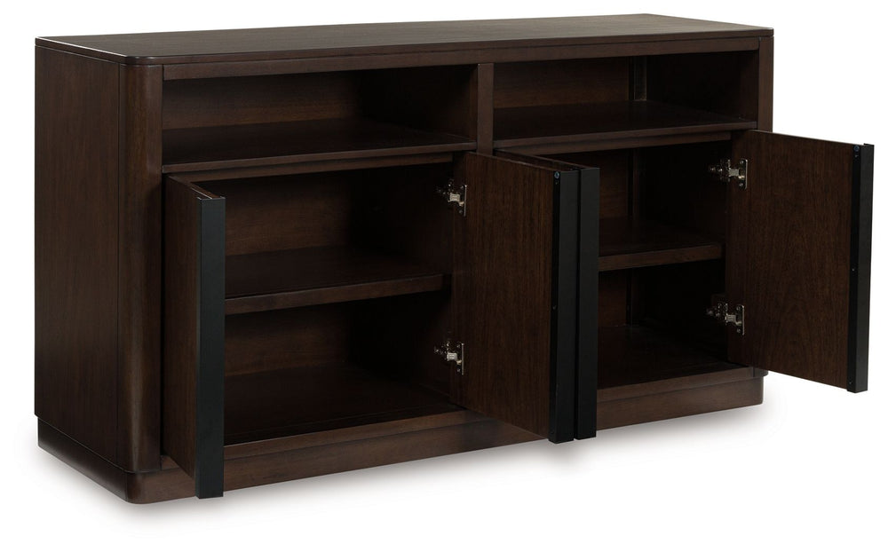 Casual contemporary styling with a decidedly modern vibe. This dining server dresses your dining spot in on-trend elegance with its rich warm brown finish. Full-length metal pulls in a matte black tone add a subtly cool touch to spacious storage cabinets.