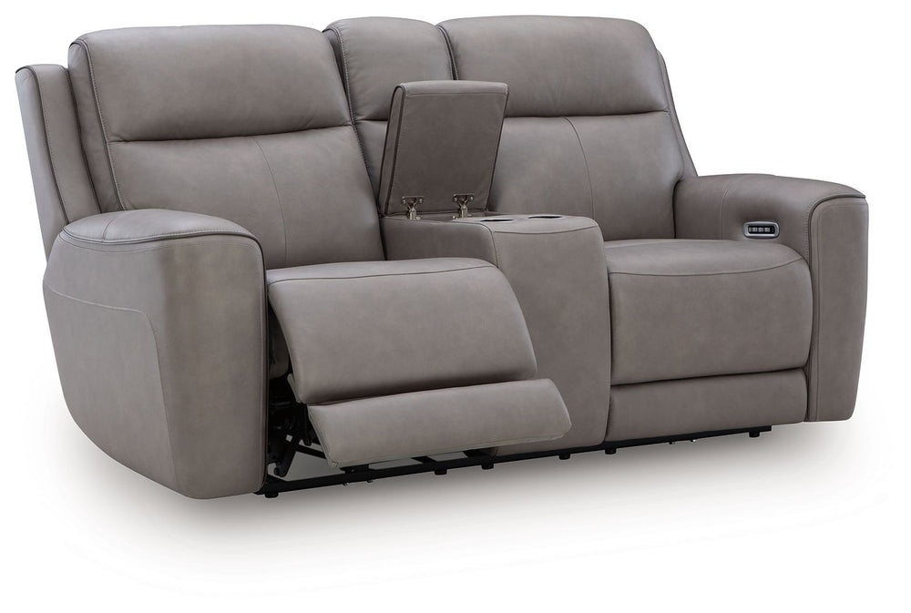 Masterfully blend high style and must-have comfort with this power reclining loveseat. Its clean, transitional look is crafted with luxury in mind, complete with supple top-grain leather in the seating area. Eloquently incorporated into the sleek design a