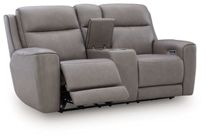 Masterfully blend high style and must-have comfort with this power reclining loveseat. Its clean, transitional look is crafted with luxury in mind, complete with supple top-grain leather in the seating area. Eloquently incorporated into the sleek design a