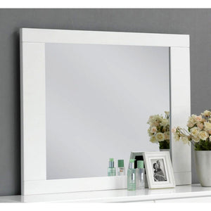 A simply designed Lorimar mirror in white finish with straight angular lines will become the focal point in your bedroom. The contemporary details and clean lines increase modern feel of this contemporary mirror with beveled edge frame. Create a modern an
