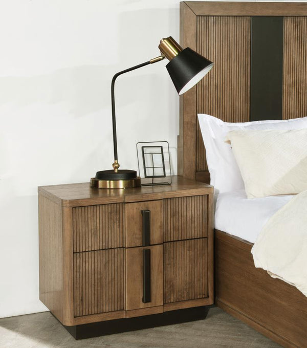  it receives a cool ash brown wood grain finish with distinctive dark drawer pulls and a matching recessed base. The drawers offer ample storage at
