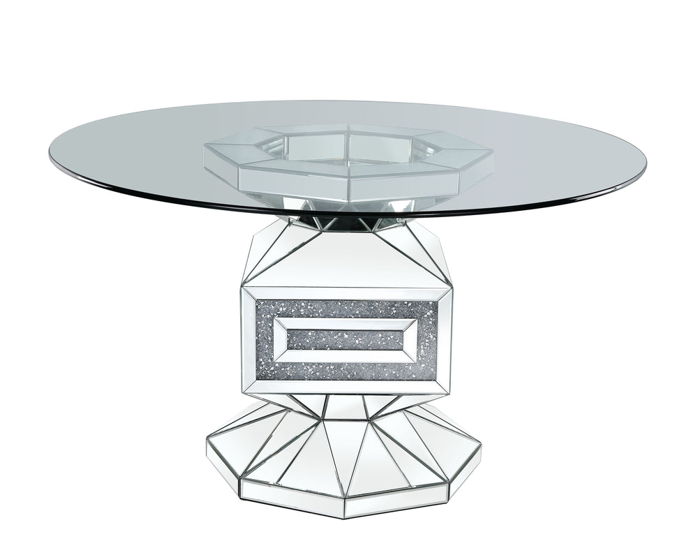 Noralie - Dining Table - Clear Glass, Mirrored & Faux Diamonds - 52-"Dia x 30<br/><br/><b>Product Features</b><ul><li>Round Single Pedestal Table</li><li>12mm Clear Tempered Glass Top</li><li>Criss Cross Ring Pedestal</li><li>Mirrored Pedestal</li><li>Fau