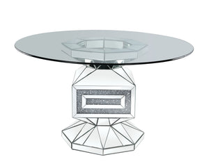  Mirrored & Faux Diamonds - 52-"Dia x 30<br/><br/><b>Product Features</b><ul><li>Round Single Pedestal Table</li><li>12mm Clear Tempered Glass Top</li><li>Criss Cross Ring Pedestal</li><li>Mirrored Pedestal</li><li>Fau