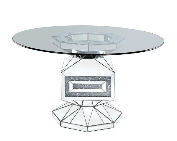  Mirrored & Faux Diamonds - 52-"Dia x 30<br/><br/><b>Product Features</b><ul><li>Round Single Pedestal Table</li><li>12mm Clear Tempered Glass Top</li><li>Criss Cross Ring Pedestal</li><li>Mirrored Pedestal</li><li>Fau