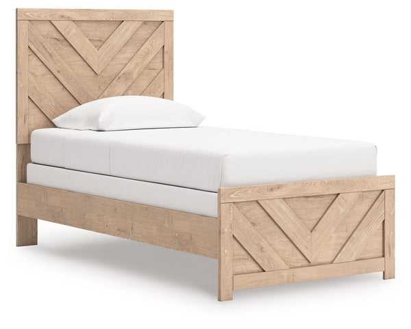 This twin panel bed brings a touch of modern farmhouse charm to your home. Its light oak finish and clean lines have a fresh, airy feel, effortlessly creating an inviting atmosphere for a restful nightâ€™s sleep. A striking chevron pattern adds texture an
