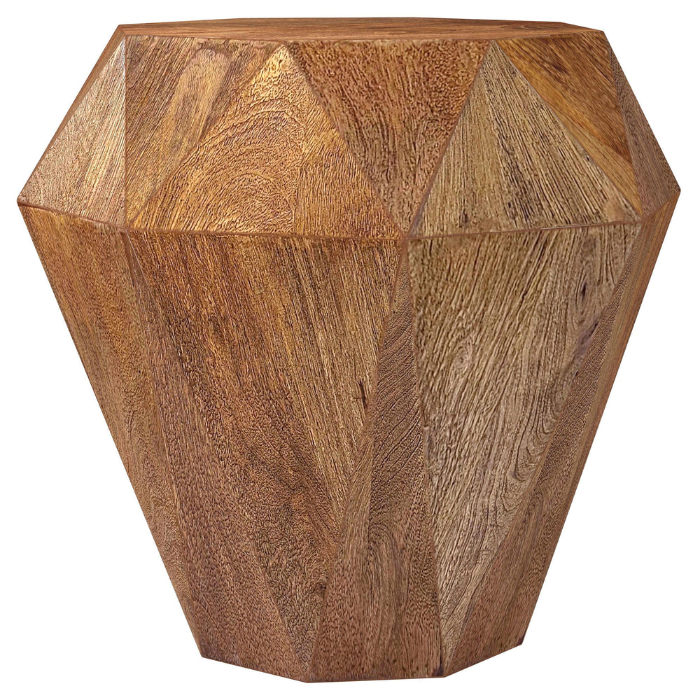 Inspired design meets exceptional craftsmanship in a modern wood side table. This dynamic design is influenced by the classic cut of a sparkling gemstone, offering faceted elegance and refinement. Made from wood that adds earthy character, the table is a 