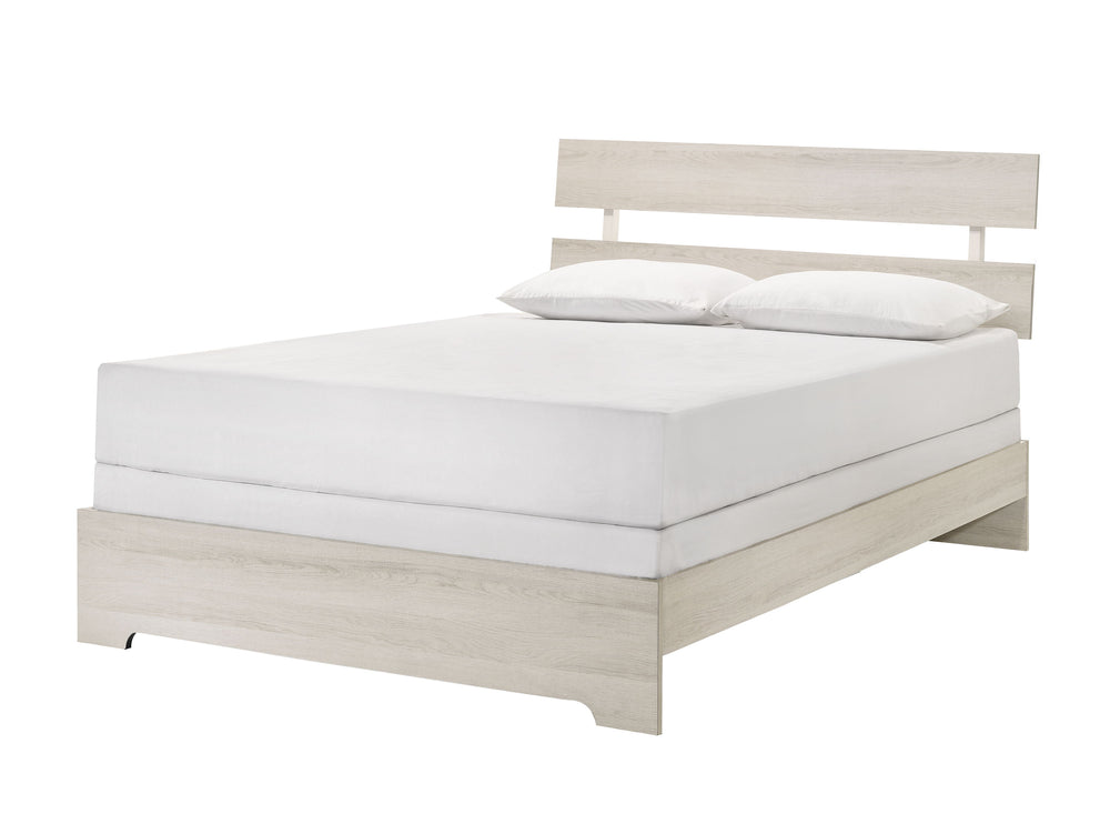 This bedroom collection embodies a rustic, yet contemporary aesthetic with its clean lines and neutral color palette. The set includes a low-profile bed frame, a dresser with a mirror, and a tall chest, all finished in a versatile white wash that easily c