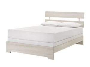  yet contemporary aesthetic with its clean lines and neutral color palette. The set includes a low-profile bed frame