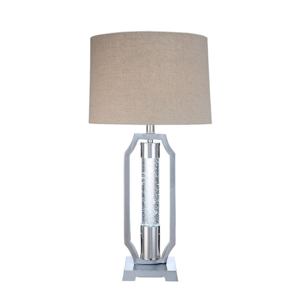  this Cici table lamp will add a hint of luxury to any space. It is crafted in chrome and has light brown fabric drum shade. Featuring metal base with single acrylic cylinder with G9 LED and 4-way rotary switch