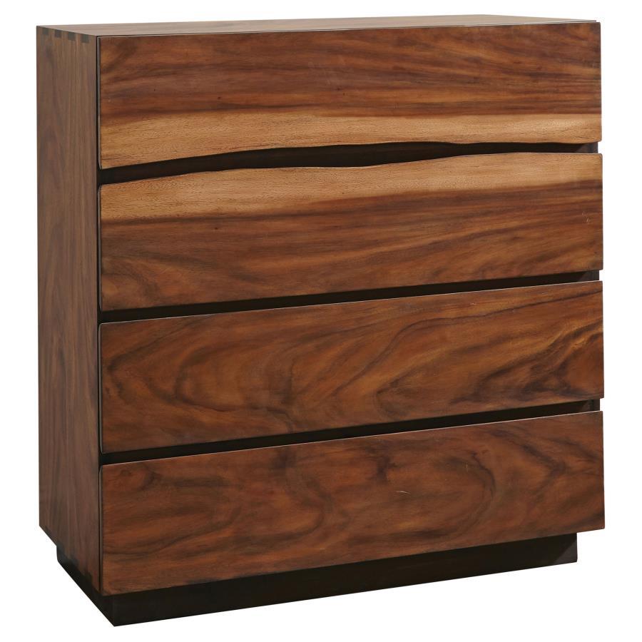 Upgrade your master bedroom-'s storage options. This versatile chest offers four large drawers to help you stay organized. Its gorgeous smokey walnut and coffee bean finish are enhanced by washed-out accents, giving it a striking appearance. The stunning,