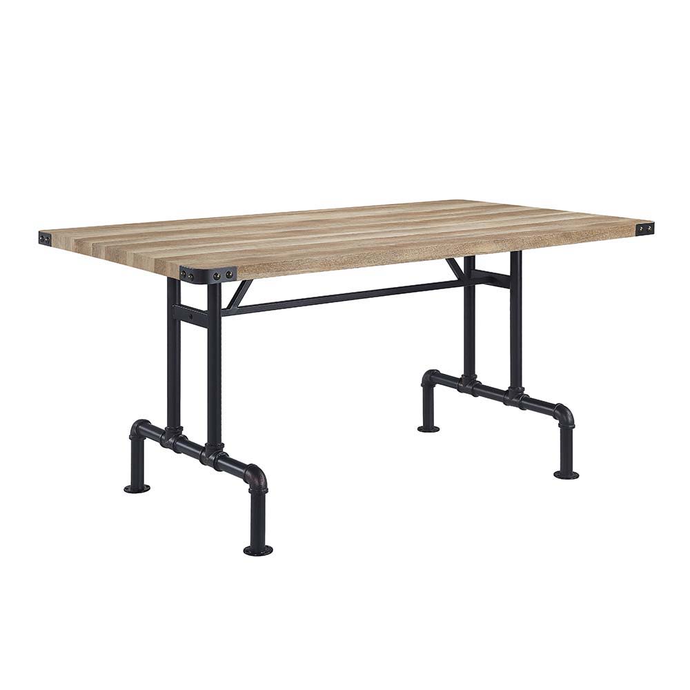 Featuring a rectangular wooden tabletop in an oak finish the Edina dining table merges farmhouse and industrial elements for the ideal dining table for the modern home. Metal corner protectors with rivets that elevate the tabletop. The metal pipe trestle 
