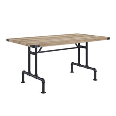 Featuring a rectangular wooden tabletop in an oak finish the Edina dining table merges farmhouse and industrial elements for the ideal dining table for the modern home. Metal corner protectors with rivets that elevate the tabletop. The metal pipe trestle 