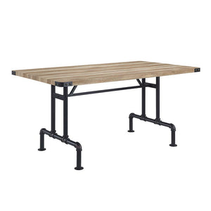 Featuring a rectangular wooden tabletop in an oak finish the Edina dining table merges farmhouse and industrial elements for the ideal dining table for the modern home. Metal corner protectors with rivets that elevate the tabletop. The metal pipe trestle 