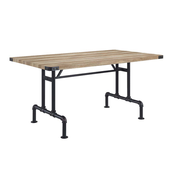 Featuring a rectangular wooden tabletop in an oak finish the Edina dining table merges farmhouse and industrial elements for the ideal dining table for the modern home. Metal corner protectors with rivets that elevate the tabletop. The metal pipe trestle 