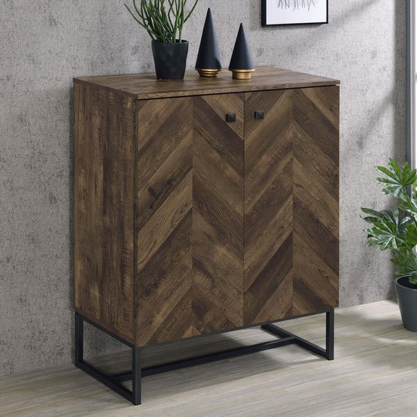  featuring a rustic oak finish and distinctive herringbone-patterned door fronts. Constructed from engineered wood with a scratch-resistant and eco-friendly laminate veneer