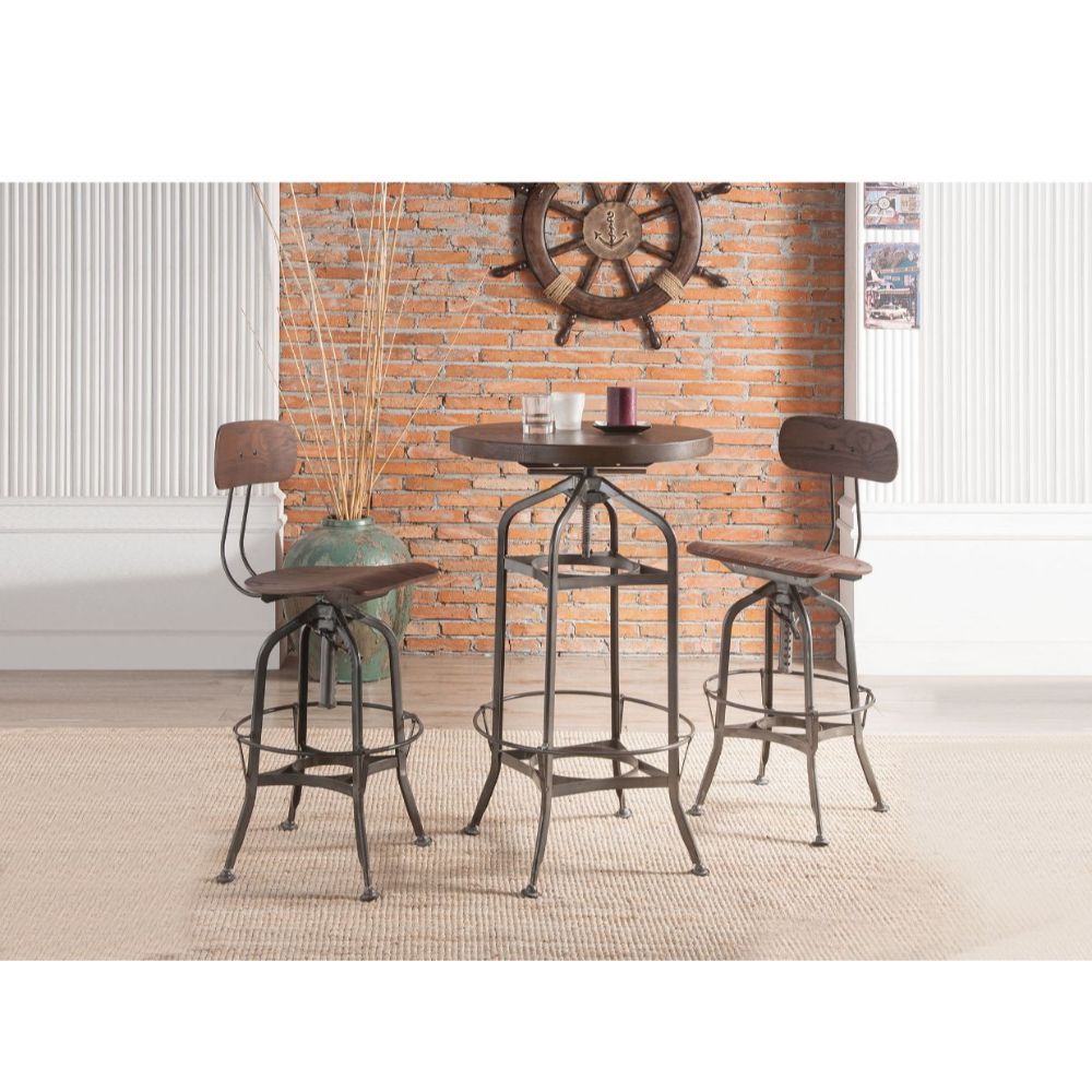 Smart and sleek, the Kaeso bar table with adjustable height offers a world of stylish versatility. The industrial look with swivel corkscrew mechanism looks totally urban chic with a warm walnut wood finish and metal frame in gunmetal color. Add a unique 