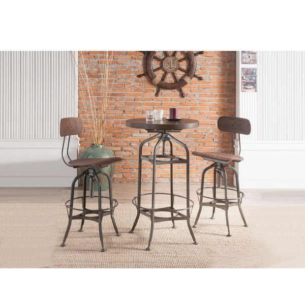  the Kaeso bar table with adjustable height offers a world of stylish versatility. The industrial look with swivel corkscrew mechanism looks totally urban chic with a warm walnut wood finish and metal frame in gunmetal color. Add a unique 