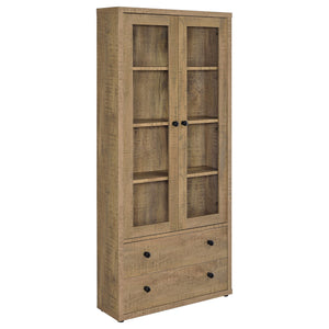 Glass doors are a key feature on a modern accent cabinet that blends into a variety of decors and living spaces. Providing four shelves for showing off everything from glassware to travel souvenirs, the cabinet features wood framed glass doors. They open 