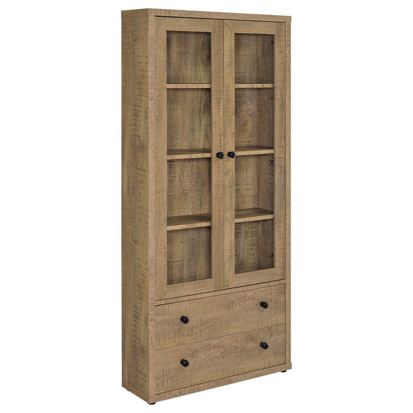 Glass doors are a key feature on a modern accent cabinet that blends into a variety of decors and living spaces. Providing four shelves for showing off everything from glassware to travel souvenirs, the cabinet features wood framed glass doors. They open 