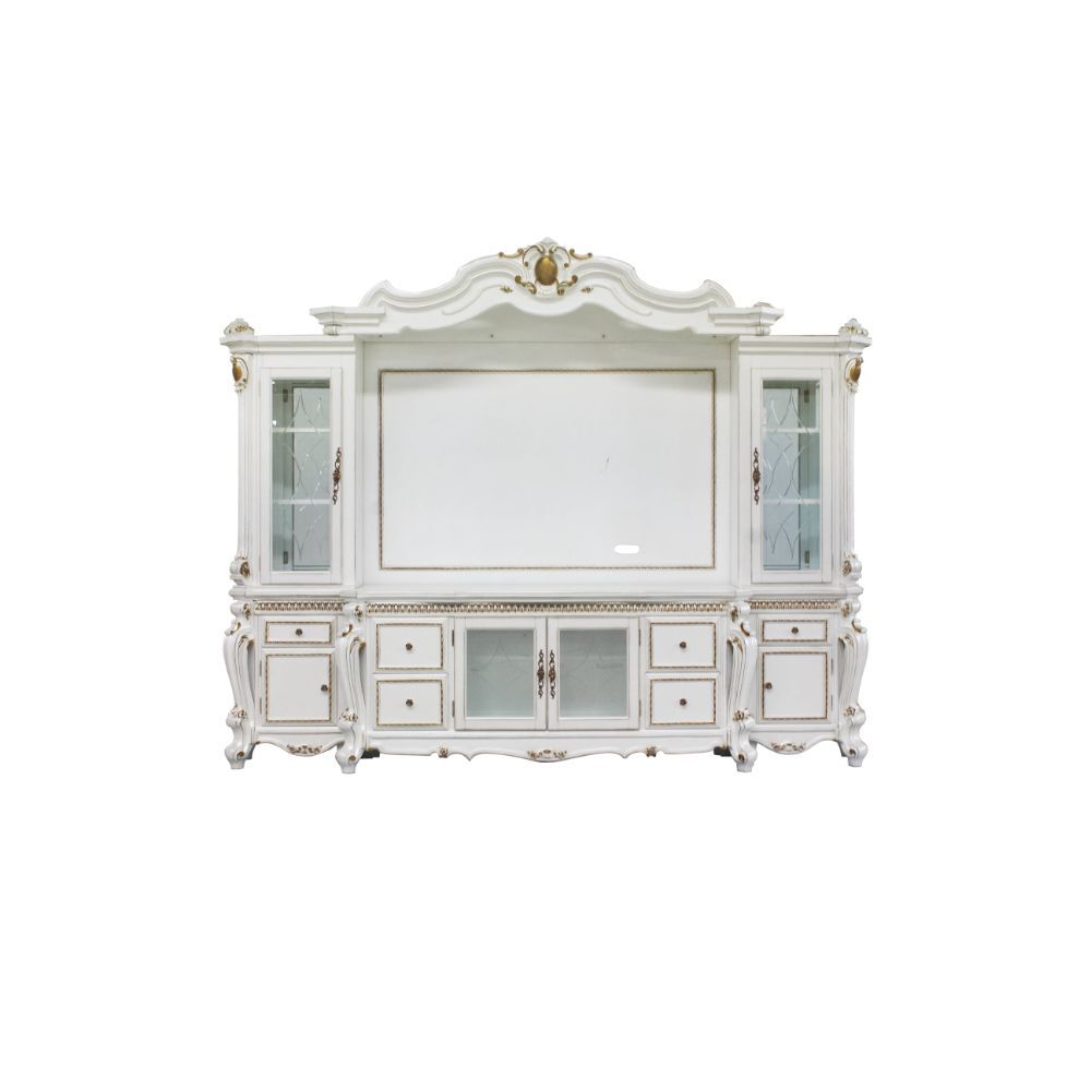 Dazzling details abound in the Picardy entertainment center! Intricate raised scrolled molding and Queen Anne legs adorn each piece of this stunning set, including two side piers with beveled glass doors and touch light function, and a TV stand that accom