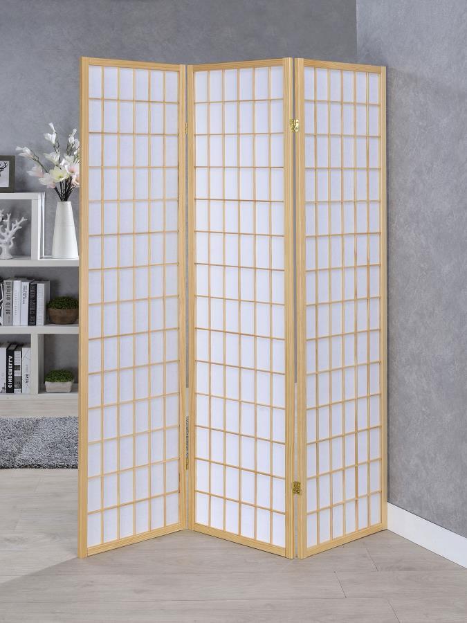 Add a touch of mystery to your bedroom or living room with this three-panel screen. Effective as a divider to give yourself privacy. Yet, the screen is just as useful as a dashing decorative piece. Comes with a natural brown frame. Pair it with a tall dec