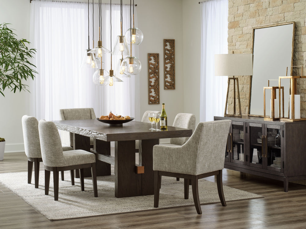 Dressed to thrill, this simply stunning dining room group offers a high-design look at a down-to-earth price. Ultra sleek lines are accentuated with a dark waxy brown oak-tone finish thatâ€™s so easy on the eyes. Clean-lined and modern, the double pedesta
