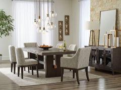 Dressed to thrill, this simply stunning dining room group offers a high-design look at a down-to-earth price. Ultra sleek lines are accentuated with a dark waxy brown oak-tone finish thatâ€™s so easy on the eyes. Clean-lined and modern, the double pedesta