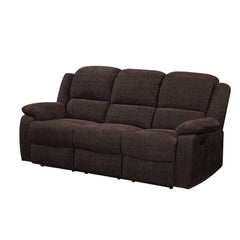 Upholstered in velvety brown chenille, the Kalen motion sofa set is not only supremely comfortable, but also durable. This is great news because once you sink into one of these pillowy seats, you wonâ€™t want to get up! The tight back and seat cushions an