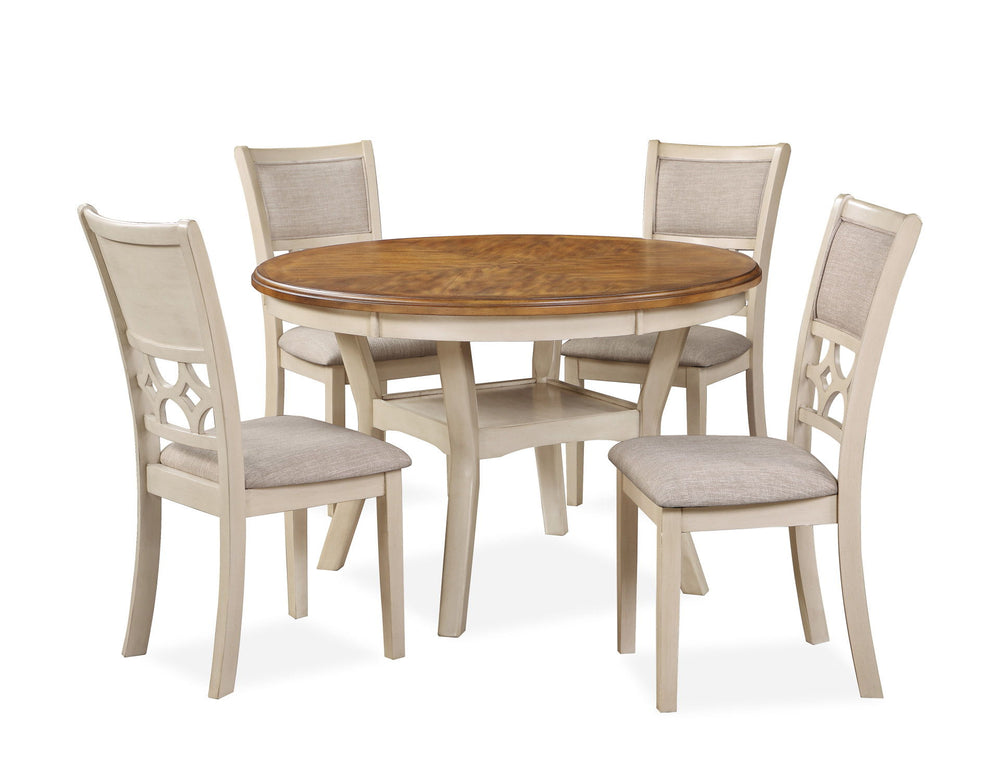 The farmhouse appeal of the Mitchell 5 Piece Dining Table and Chair Set is beautifully created with durability and comfort in mind. This dining set provides spacious seating for four and a handy storage shelf located under the table top to display dinnerw
