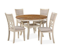 The farmhouse appeal of the Mitchell 5 Piece Dining Table and Chair Set is beautifully created with durability and comfort in mind. This dining set provides spacious seating for four and a handy storage shelf located under the table top to display dinnerw