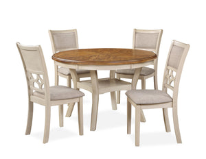 The farmhouse appeal of the Mitchell 5 Piece Dining Table and Chair Set is beautifully created with durability and comfort in mind. This dining set provides spacious seating for four and a handy storage shelf located under the table top to display dinnerw