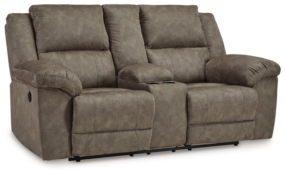 Is being too comfortable even possible? Itâ€™s worth finding out in this reclining loveseat with console. Wrapped in the plushest of neutral faux leather upholstery, it-'s perfectly cushioned in all the right places. We love the loveseat-'s super-wide sea