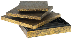  this set of three wood and metal boxes is a contemporary choice for the forward-thinking modernist. The antiqued brass-tone finish is an inspired touch.<br><br><b>Additional Dimensions</b><br><ul><li>Box-small: 