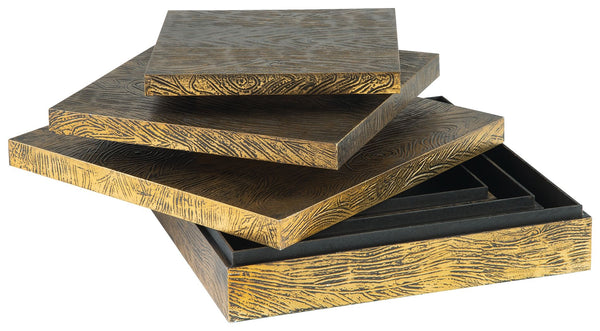  this set of three wood and metal boxes is a contemporary choice for the forward-thinking modernist. The antiqued brass-tone finish is an inspired touch.<br><br><b>Additional Dimensions</b><br><ul><li>Box-small: 
