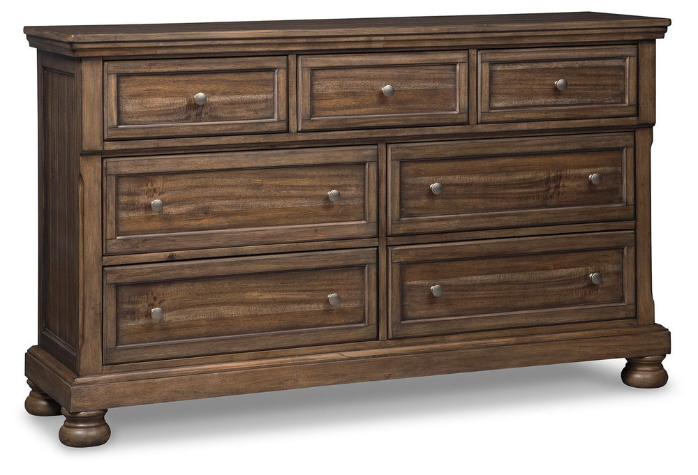 A fresh, new take on traditional style. This dresser meets todayâ€™s design tastes with beauty and grace. Its tobacco brown finish allows the natural grain of the acacia veneers to show through in an organic way. Aged brass-tone knobs dress the fronts of 