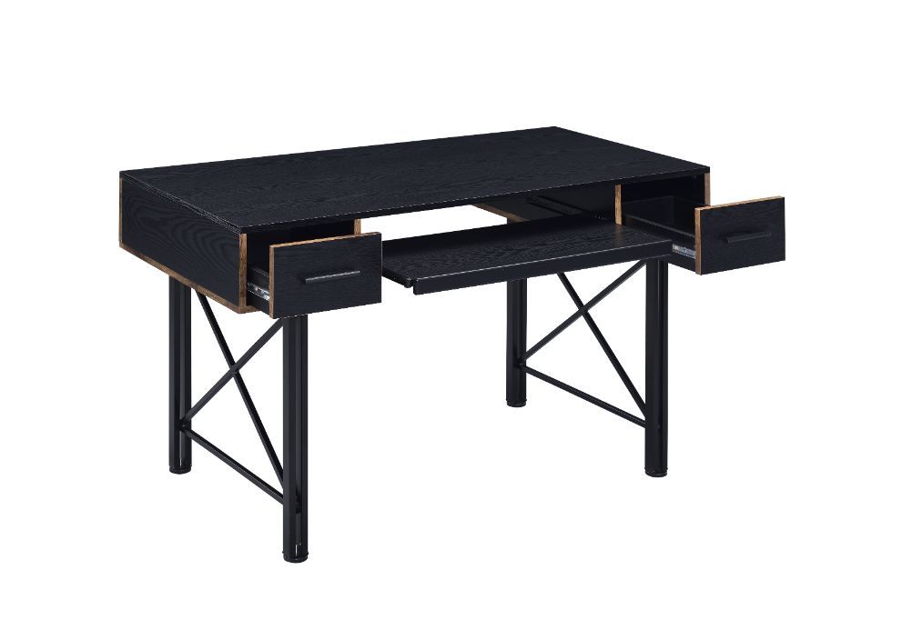 The Settea Desk bring a mix-and-match look with distressed casegood and black metal frame. Found atop a double pedestal base, It is accented with metal trim and -"X-" shpaed support for industrial details. The rectangular table is designed for a spacious 